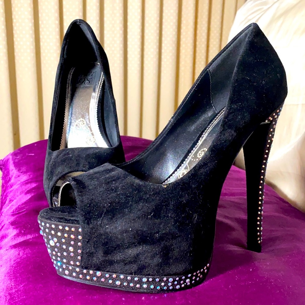 Peep toe velvet pumps with encrusted rhinestones